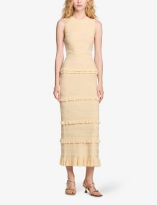 Sandro Womens Round-neck Frill-embroidered Knitted Maxi Dress Naturels In Naturels