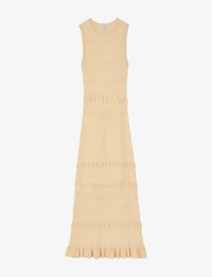 Sandro Womens Round-neck Frill-embroidered Knitted Maxi Dress Naturels In Naturels
