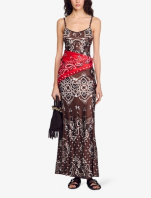 SANDRO: Bandana-Print Sleeveless Satin Maxi Dress