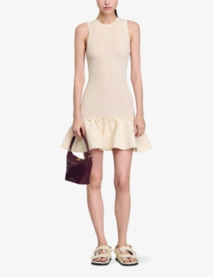 SANDRO: Ruffle-Hem Round-Neck Knitted Mini Dress