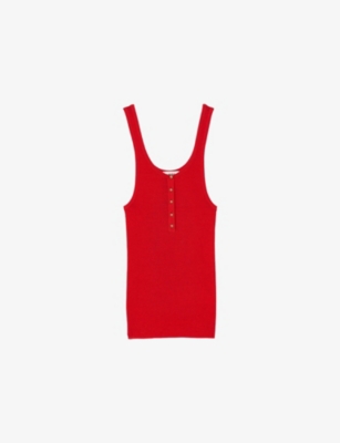 Sandro Womens Scoop-neck Ribbed Cotton-blend Vest Top Rouges In Rouges