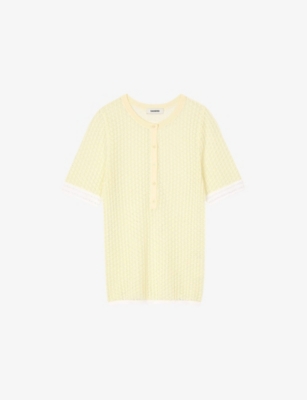 Sandro Pointelle-knit Short-sleeve Sweater In Jaunes / Oranges