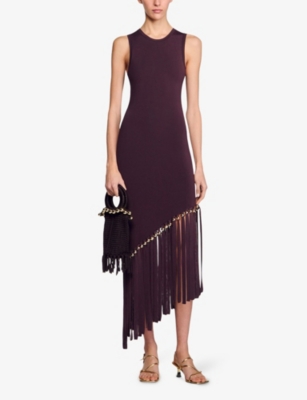 Sandro Swann Fringed And Beaded Knit Midi Dress In Bruns