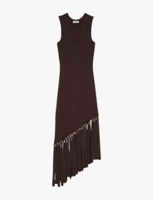 Sandro Swann Fringed And Beaded Knit Midi Dress In Bruns