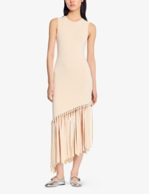 SANDRO: Sleeveless Fringed-Hem Knitted Midi Dress