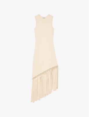 SANDRO: Sleeveless Fringed-Hem Knitted Midi Dress