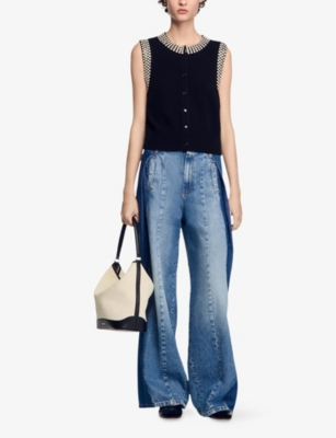 Sandro Womens  Stud-embellished Wool And Cashmere Waistcoat In Noir / Gris