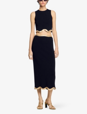 SANDRO: Metallic-Trim Mid-Rise Knitted Midi Skirt
