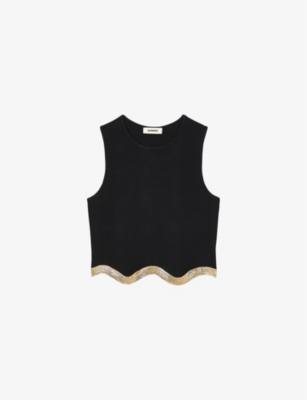 SANDRO: Chain-Embellished Scalloped-Hem Stretch-Woven Jumper