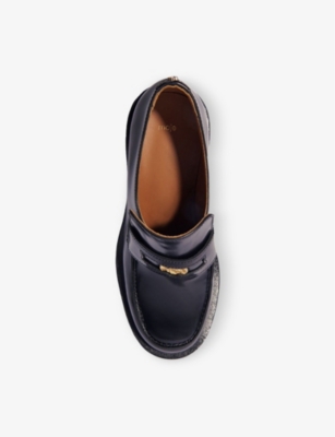 Maje Womens  Clover-embellished Slip-on Heeled Leather Loafers In Noir / Gris