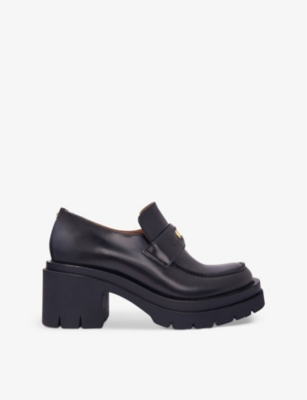 Maje Womens  Clover-embellished Slip-on Heeled Leather Loafers In Noir / Gris