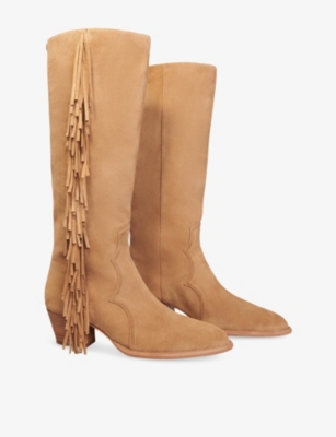 MAJE WOMENS BRUNS FRINGED-TRIM SUEDE KNEE-HIGH BOOTS EUR 41 / 8 UK 