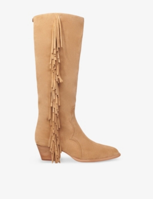 Shop Maje Womens Bruns Fringed-trim Suede Knee-high Boots Eur 41 / 8 Uk