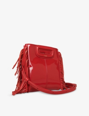 Shop Maje Womens Logo-embossed Fringed-trim Patent-leather Cross-body Bag Rouges