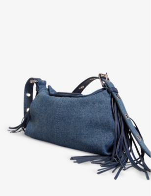 Maje Womens Bleus Logo-embossed Fringed-trim Denim Cross-body Bag In Bleus