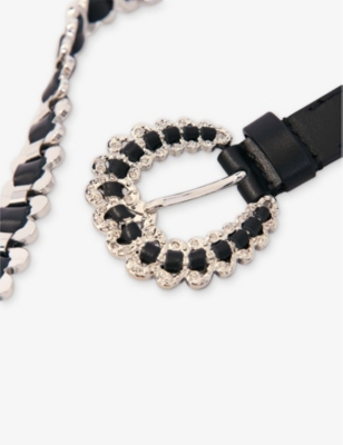MAJE: Embellished-Buckle Leather and Chain Belt