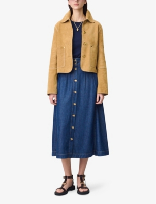CLAUDIE PIERLOT WOMENS DENIM - JEAN FLARED HIGH-WAIST LYOCELL DENIM MIDI SKIRT 