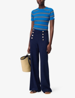 Claudie Pierlot Womens Navy Button-embellished Wide-leg Woven Trousers
