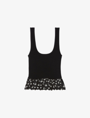 Claudie Pierlot Womens  Square-neck Ruffle-hem Knitted Tank Top In Noir / Gris