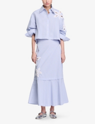 SANDRO: Flower-Embroidered Striped Stretch-Cotton Midi Skirt