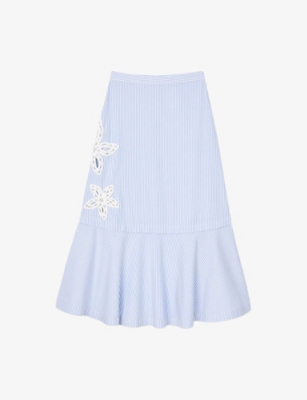 SANDRO: Flower-Embroidered Striped Stretch-Cotton Midi Skirt
