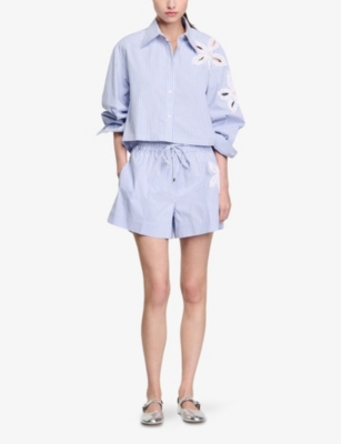 SANDRO: Flower-Embroidered Striped Stretch-Cotton Shorts