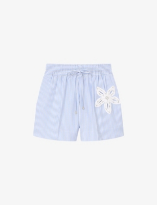 SANDRO: Flower-Embroidered Striped Stretch-Cotton Shorts