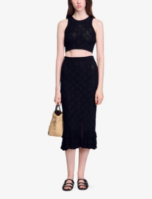 SANDRO: High-Rise Ruffle-Hem Knitted Midi Skirt