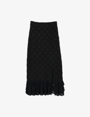 SANDRO: High-Rise Ruffle-Hem Knitted Midi Skirt