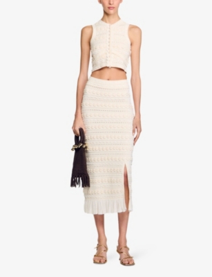 SANDRO: Floral-Crochet Cropped Knitted Top