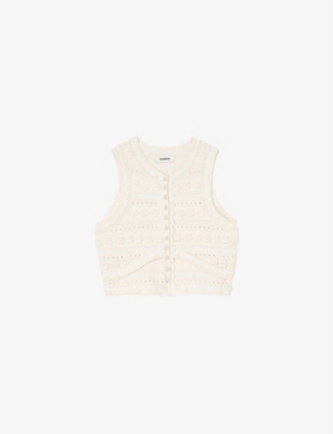 SANDRO: Floral-Crochet Cropped Knitted Top