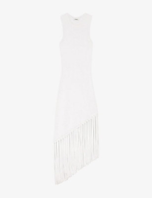 Sandro Heloise Asymmetric Fringe-trim Midi Dress In Naturels