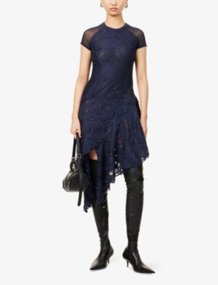 DAILY PAPER WOMENS NAVY ASYMMETRIC CAP-SLEEVE LACE MIDI DRESS XS