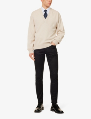 DUNHILL MENS BEIGE V-NECK RELAXED-FIT COTTON AND CASHMERE-BLEND JUMPER XL 