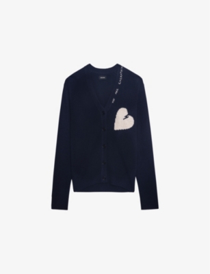 Zadig & Voltaire Womens Travia Heart-intarsia Cashmere Cardigan Encre In Encre