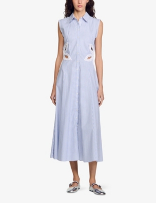 SANDRO: Stripe-Print Embroidered Stretch-Cotton Maxi Dress