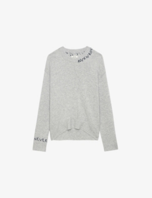 Zadig & Voltaire Womens Markus Text-embroidered Cashmere Jumper Gris Chine Clai In Gris Chine Clai