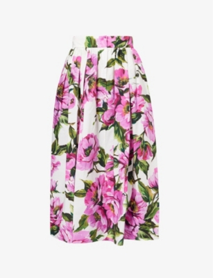 Shop Dolce & Gabbana Womens  Floral-print Cotton Midi Skirt In Peonie Fuxia F.bco