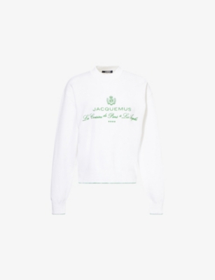 Jacquemus Womens Hotel Address White The Venice Embroidered-text Woven-knitted Top In Hotel Address White
