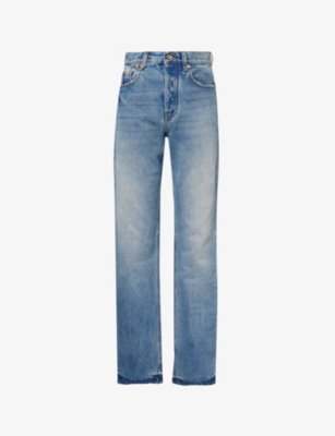 JACQUEMUS WOMENS LE DE-NIMES DROIT BRAND-PATCH STRAIGHT-LEG HIGH-RISE DENIM JEANS BLUE/TABAC