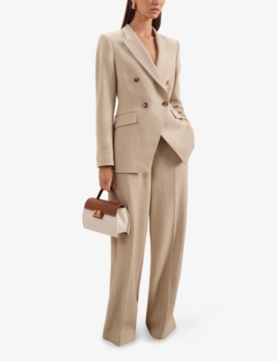 REISS WOMENS NEUTRAL DEVON PEAK-LAPEL DOUBLE-BREASTED LINEN-BLEND BLAZER 