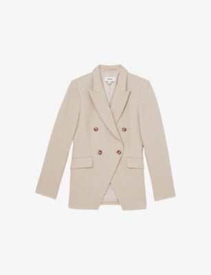 REISS WOMENS NEUTRAL DEVON PEAK-LAPEL DOUBLE-BREASTED LINEN-BLEND BLAZER 