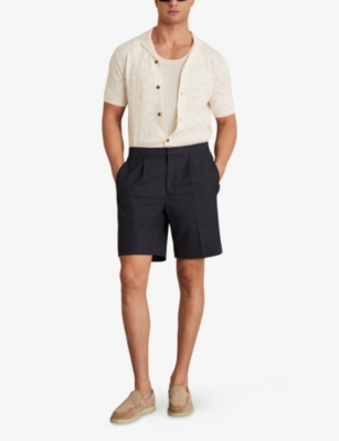 Reiss Mens Navy Sussex Regular-fit Pleated-front Woven Shorts