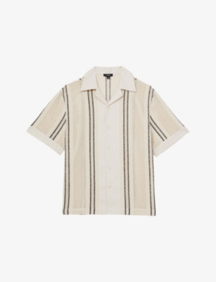 Reiss Mens Off White Navy Opal Striped Cotton-blend Shirt In Neutral