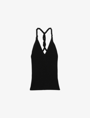 Reiss Womens Lauren Twist-strap Ribbed Linen Vest Top Black In Black