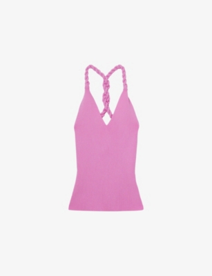 Shop Reiss Womens Pink Lauren Twist-strap Ribbed Linen Vest Top Xs