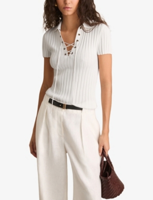 Reiss Womens Ivory Poppy Lace-up Knitted Top In White