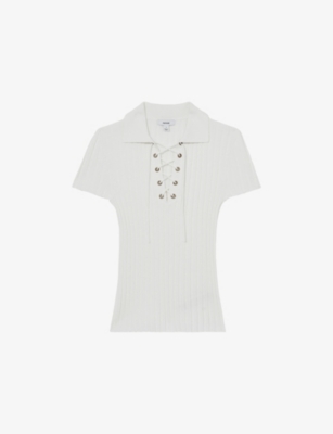 Reiss Womens Ivory Poppy Lace-up Knitted Top In White