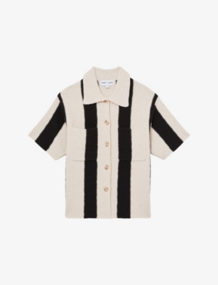 Reiss Womens Striped Buttoned Knitted Top Black Ivory In Black Ivory