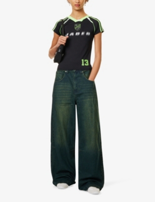 Jaded London Womens  No.13 Football V-neck Stretch-woven T-shirt In Black
